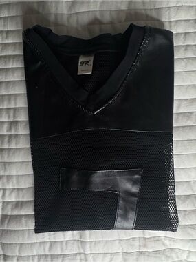 FR Black V-Neck Mesh & Faux-Leather Short Sleeve Tee